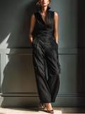 Sleeveless Rubber Jumpsuit for Women in Black with Cargo Pockets MDZ0908A3T