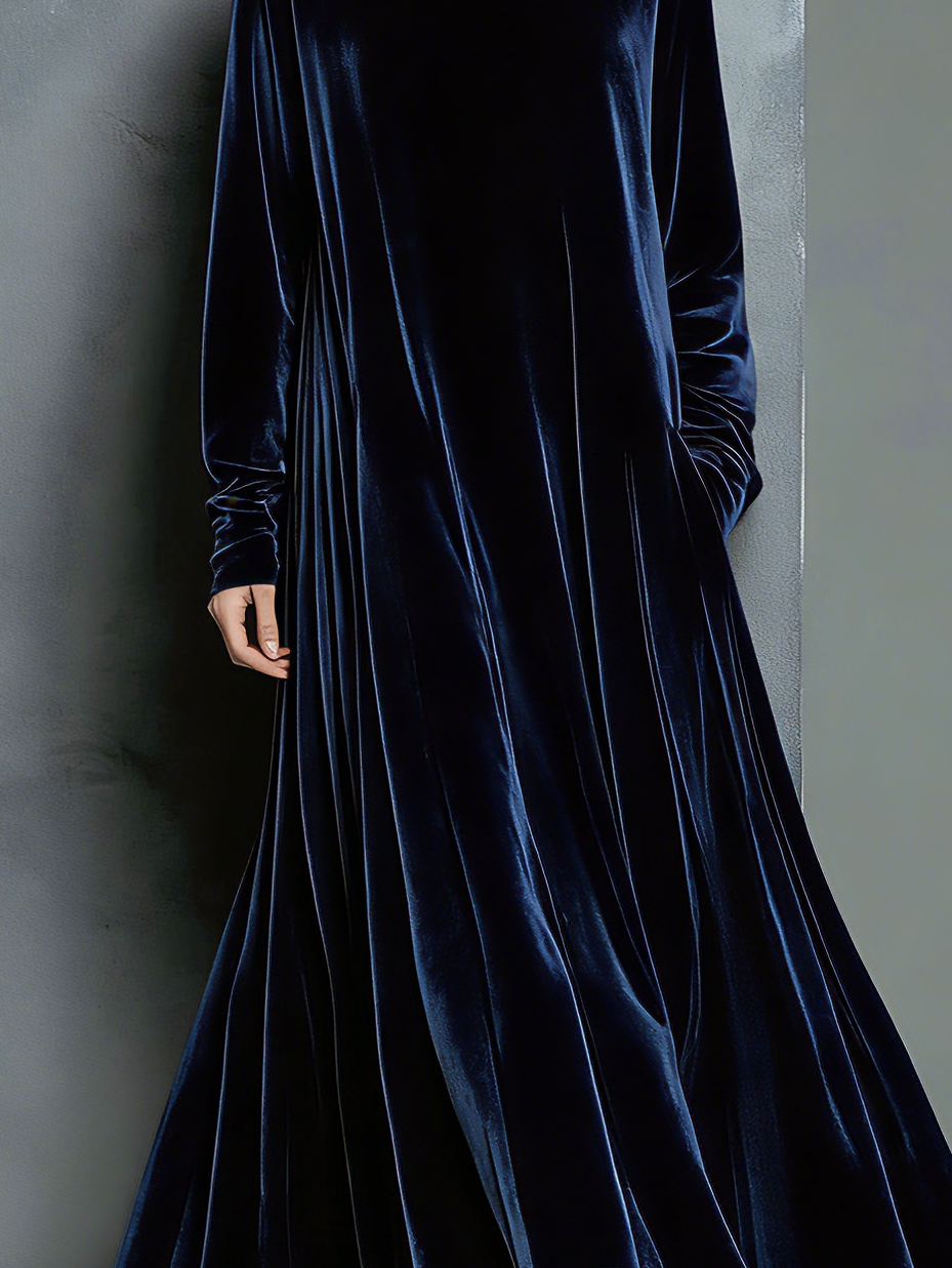 Long Maxi Dress for Women in Elegant Style in Navy Blue with High Wide Collar MDZ1680A8AN