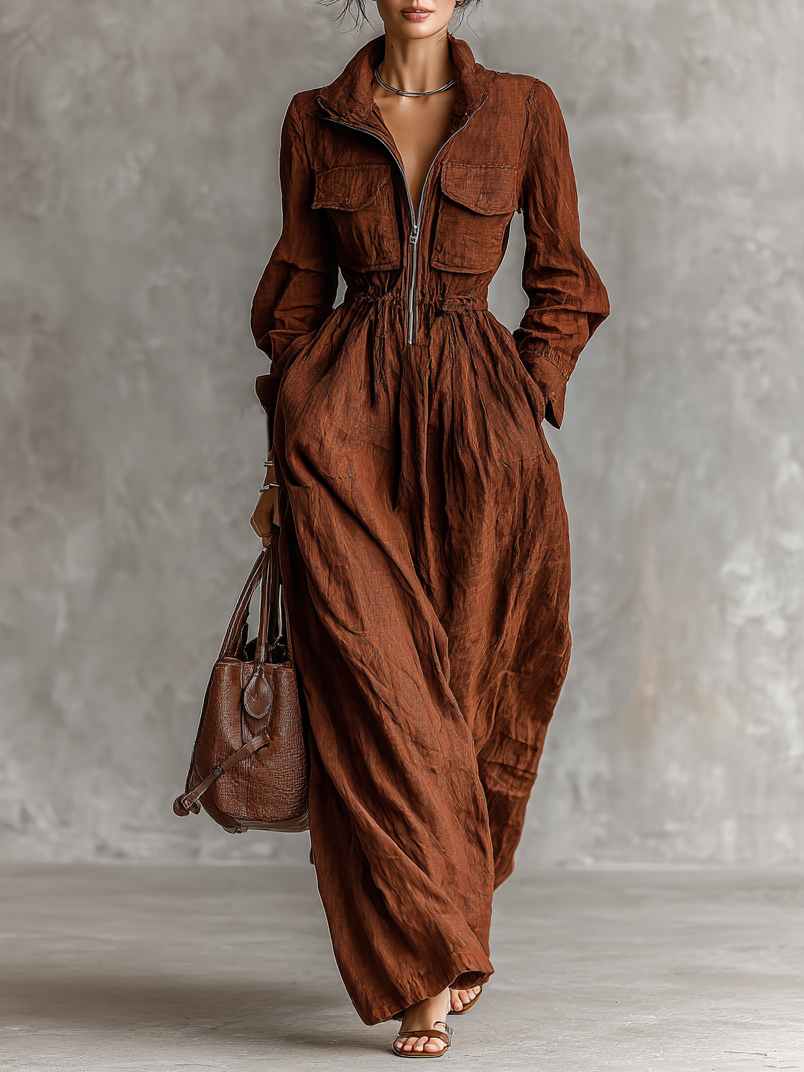 Women's Cotton and Linen Maxi Dresses with Zipper and Elastic Waist MDA1964H8Y