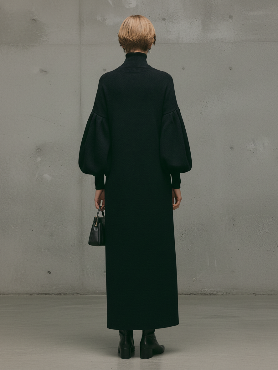 Modern Maxi Dress for Women with Black Turtleneck and Puff Sleeves MDA1503L6AU