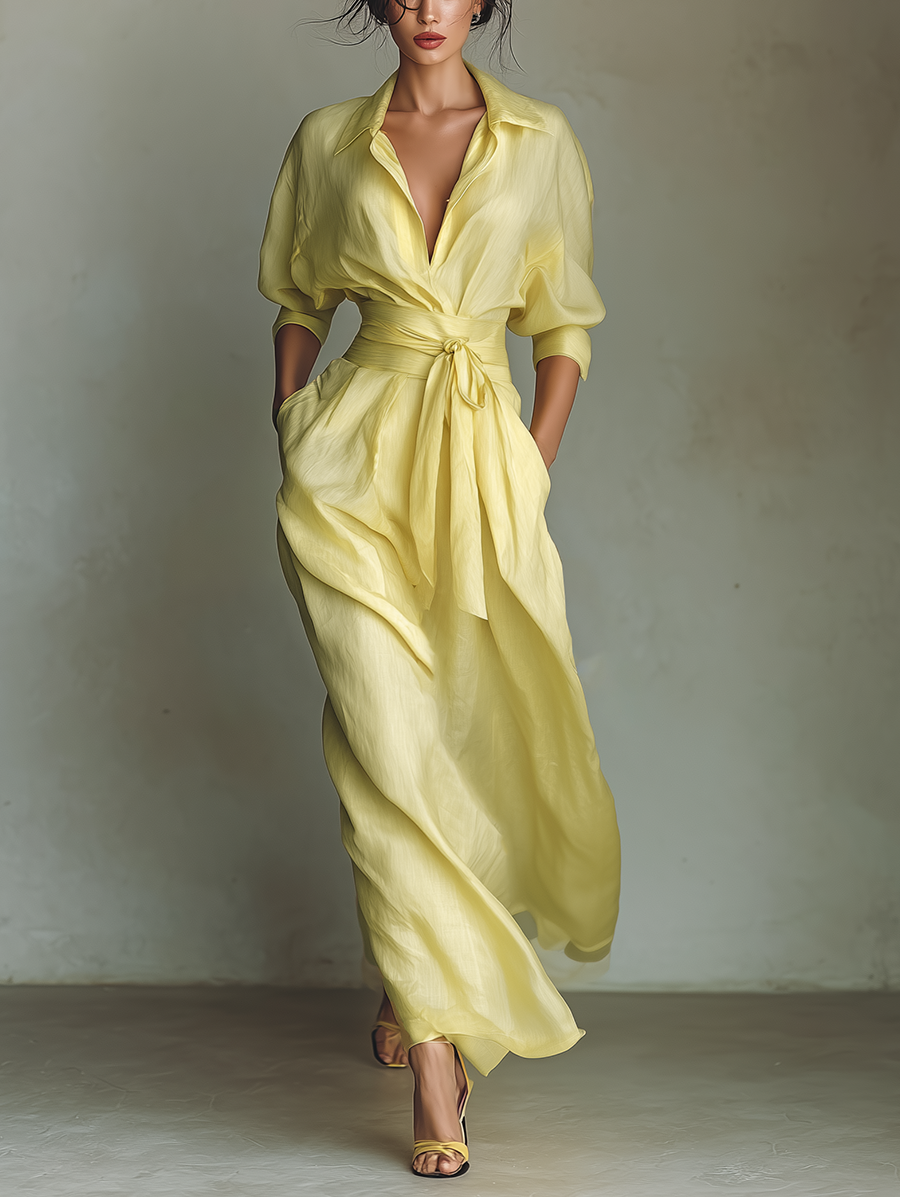 Cotton and Linen Maxi Dresses in Lemon Yellow for Women with Tie Belt and Half Sleeves MDZ2884A4T