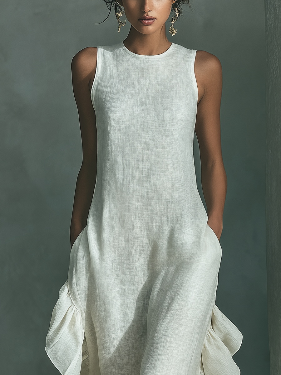 Sleeveless Maxi Dress in Ivory Linen with Round Neck and Fringes MDZ0973B9T