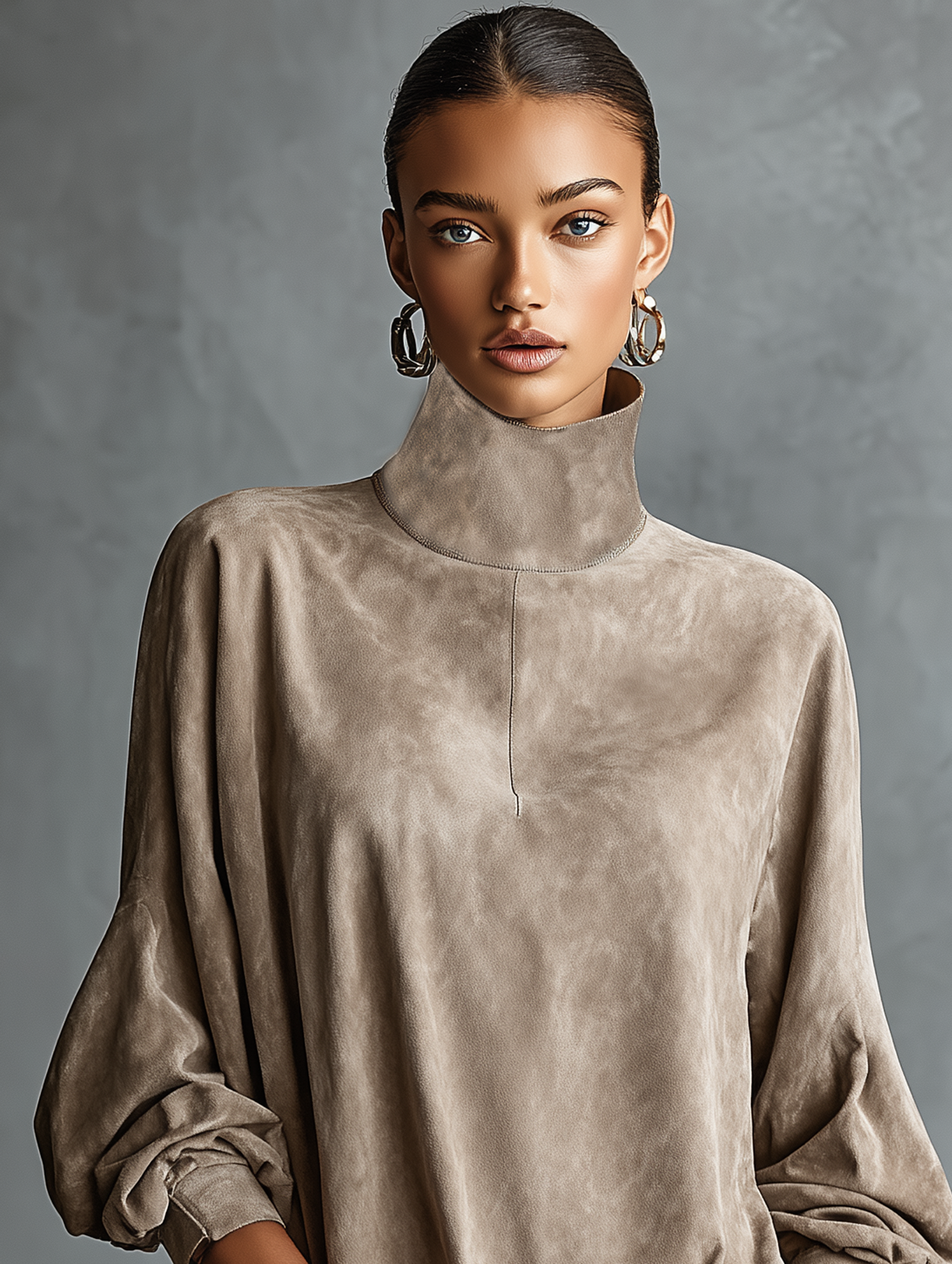 Mini Dress for Women in Minimalist Design, Loose Fit, Made of Suede-Like Fabric, with High Collar MDA2423K1Y