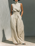 Sleeveless Blouse Set with Wide Pants Made of Cotton and Linen for Women MDZ0873A5Y