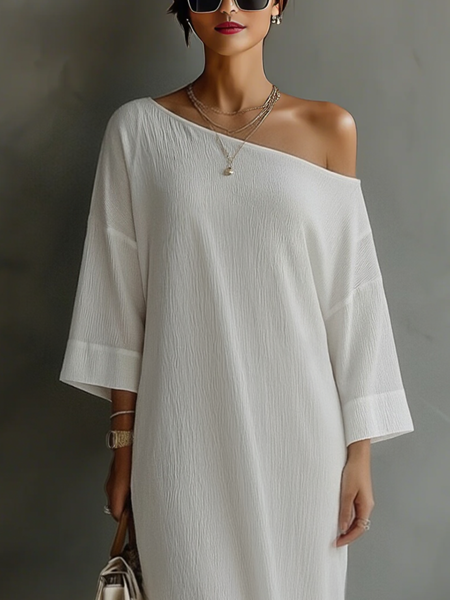 Women's Evening Dresses in Cream Color with Cotton-Linen Blend, One Shoulder, Flowing and Elegant MDA3032K4T