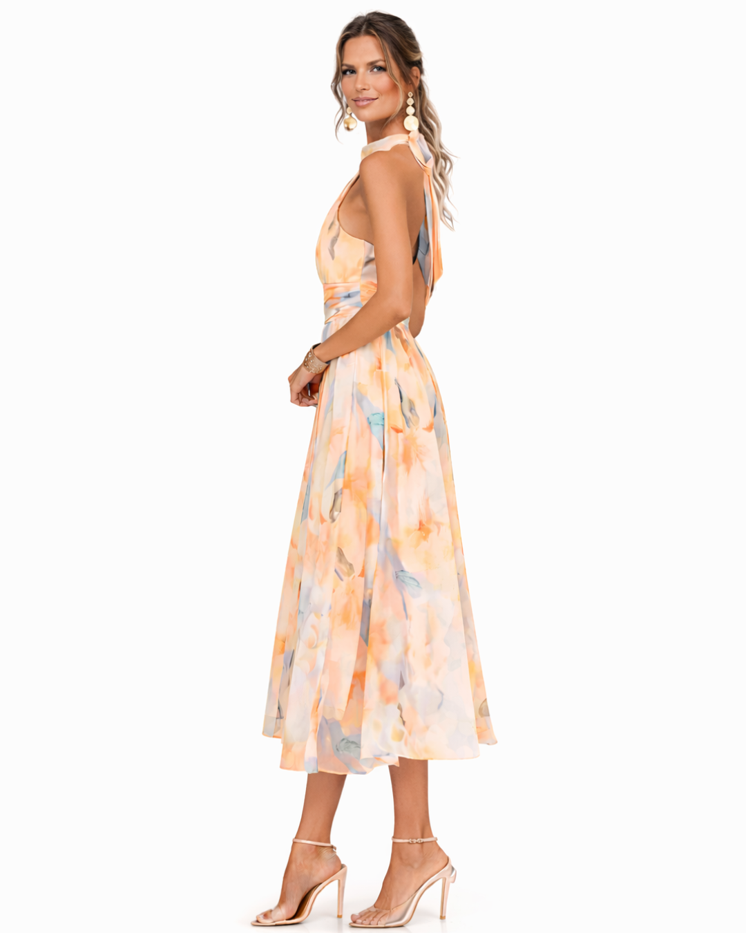 Aurora | Dress with American Neckline and Watercolor Print