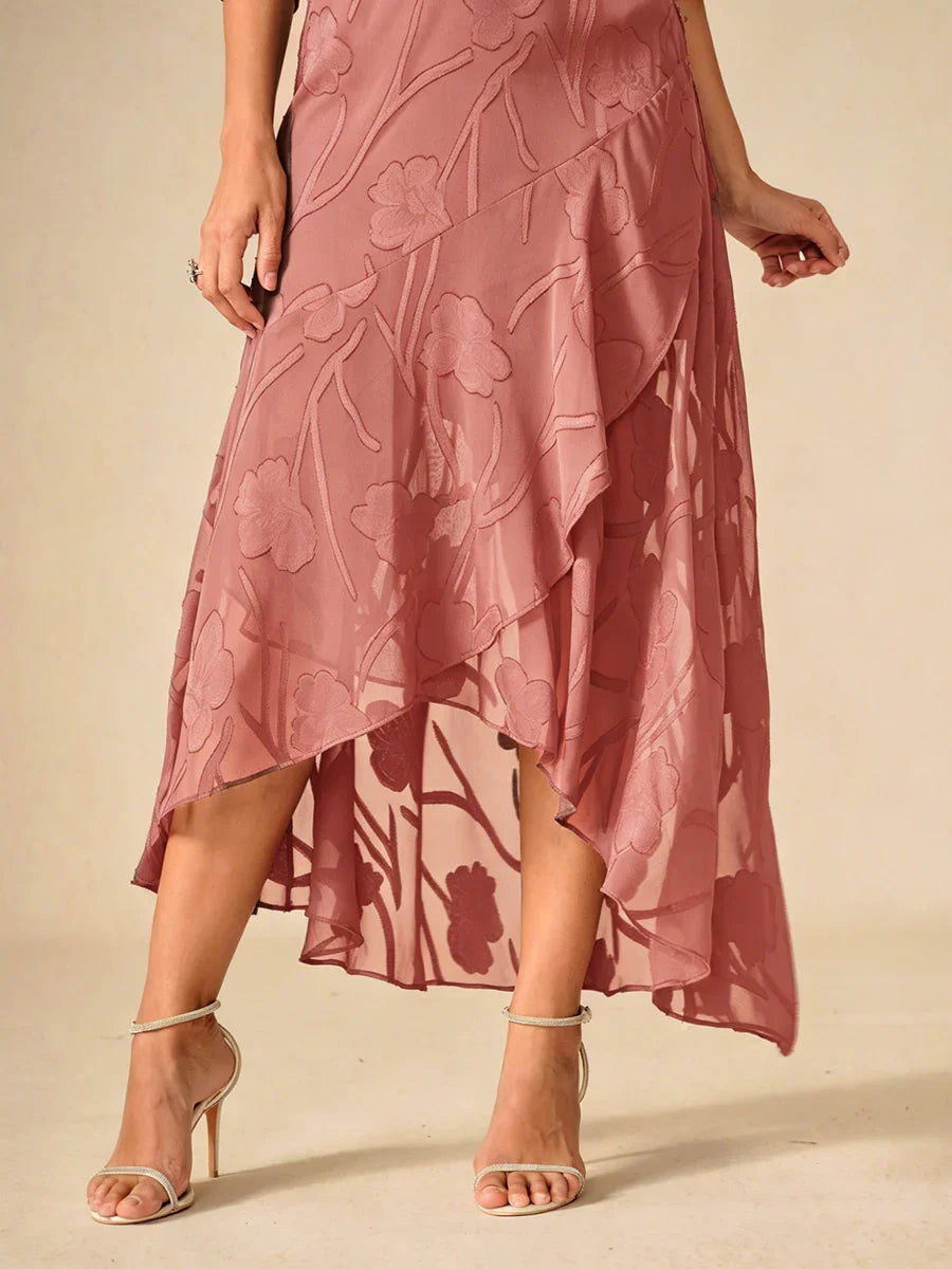 Sleeveless Evening Dress in Floral Chiffon with Asymmetrical Hem