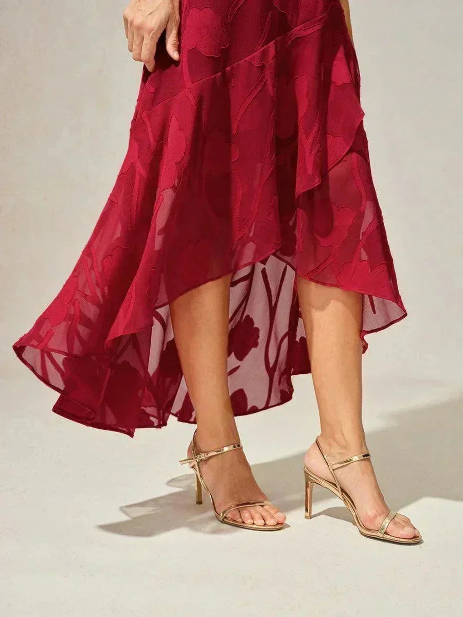 Sleeveless Evening Dresses in Floral Chiffon with Asymmetrical Hem