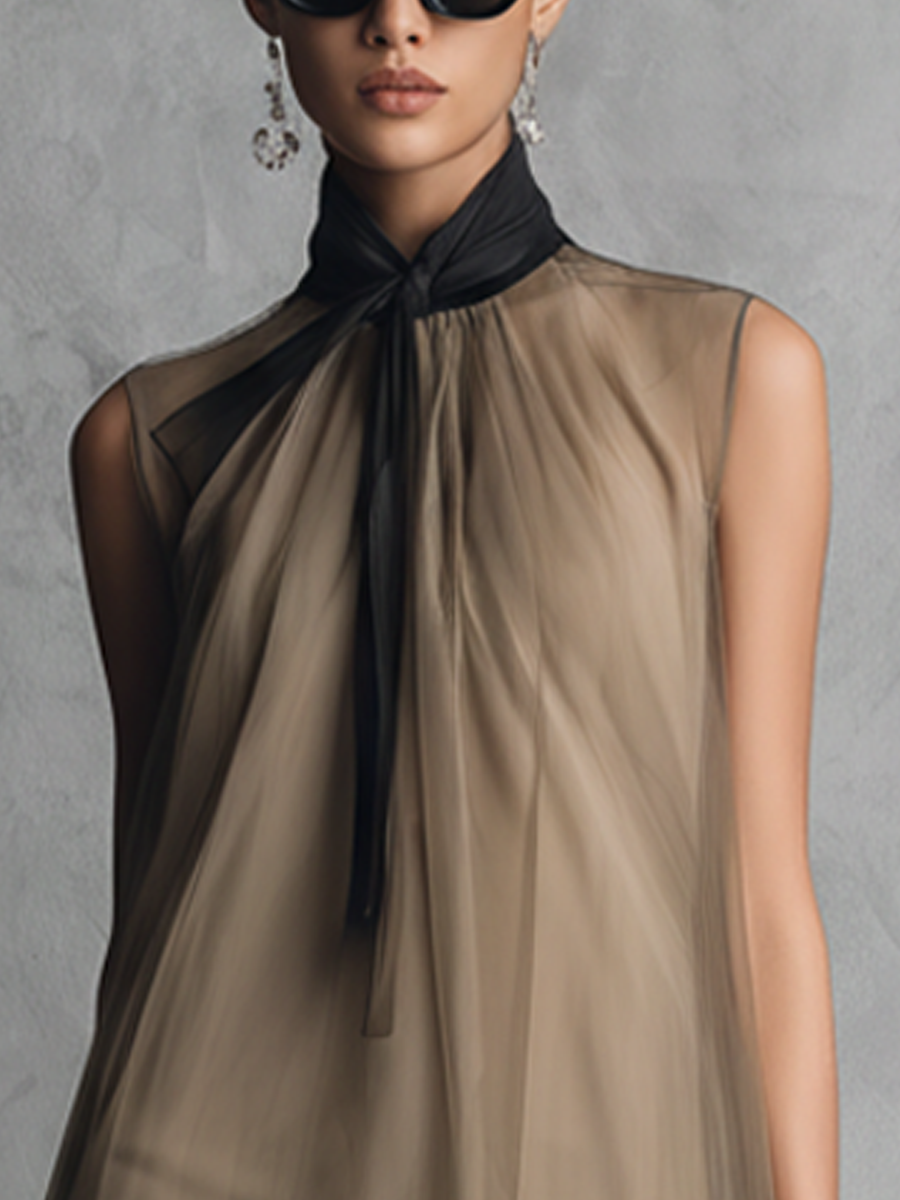 Women's Sleeveless Chiffon Dress in Khaki and Brown with Color Combinations MDZ1535A7BA