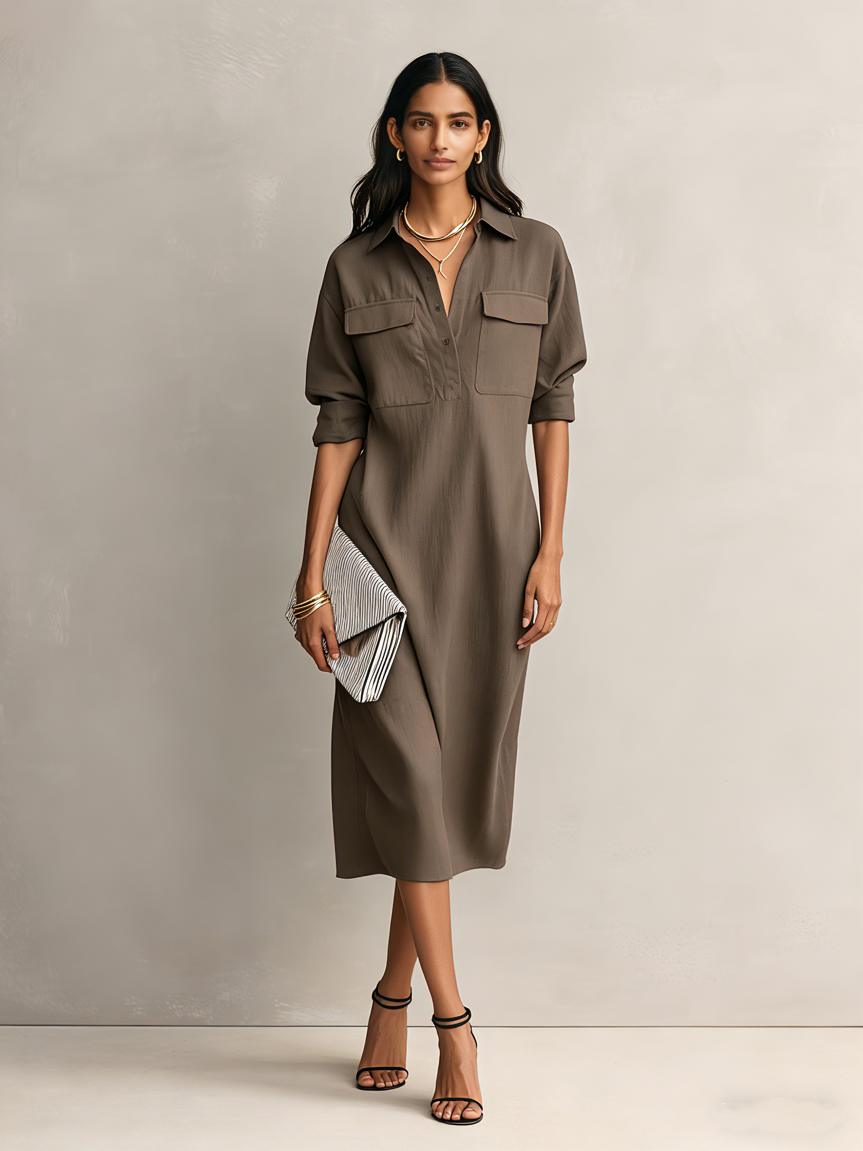 Short midi dresses with short sleeves in black, cotton-linen blend, with a shirt collar for women MDZ0455C2AN