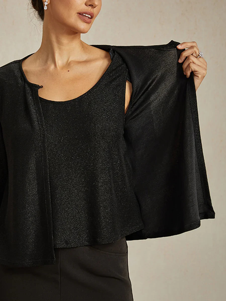 Metallic Textured Shirt with 3/4 Sleeves and Pearls