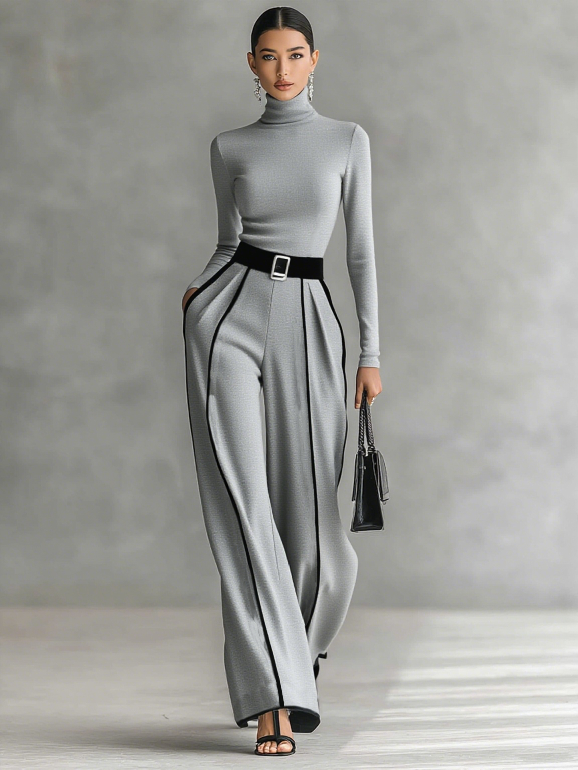 Two-Piece Set for Women with High Neck, Long Sleeves, Wide Pants, and Belt