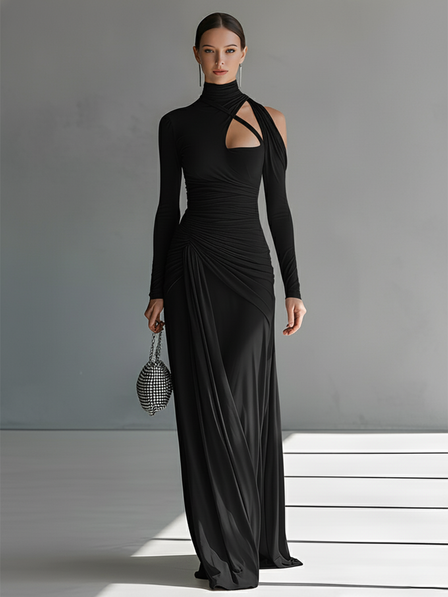 Women’s Gray Maxi Dress in Stretch Silk with Wrinkled Details and Cut MDA0546K6I