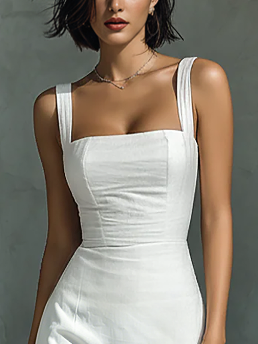 Women's Sleeveless Midi Dress in Simple White Cotton and Linen MDZ1204A3BA