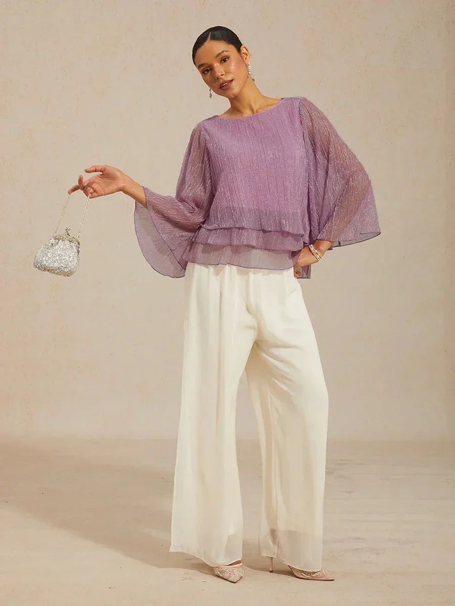 Asymmetrical Layered Shirt in Crinkled Metallic Chiffon