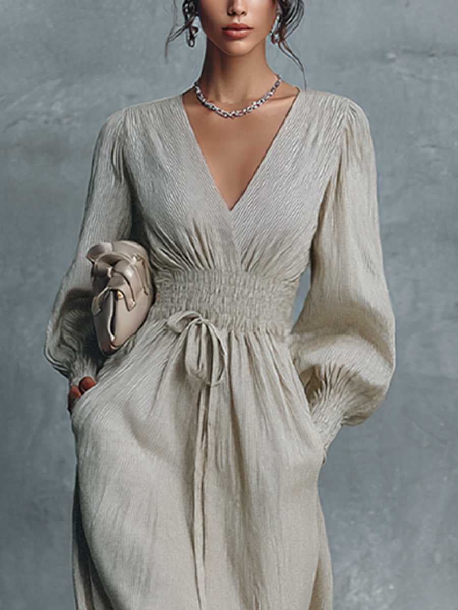 Women's Maxi Dress in Beige Made of Cotton and Linen with Stripes and V-Neck MDZ0361C4BA