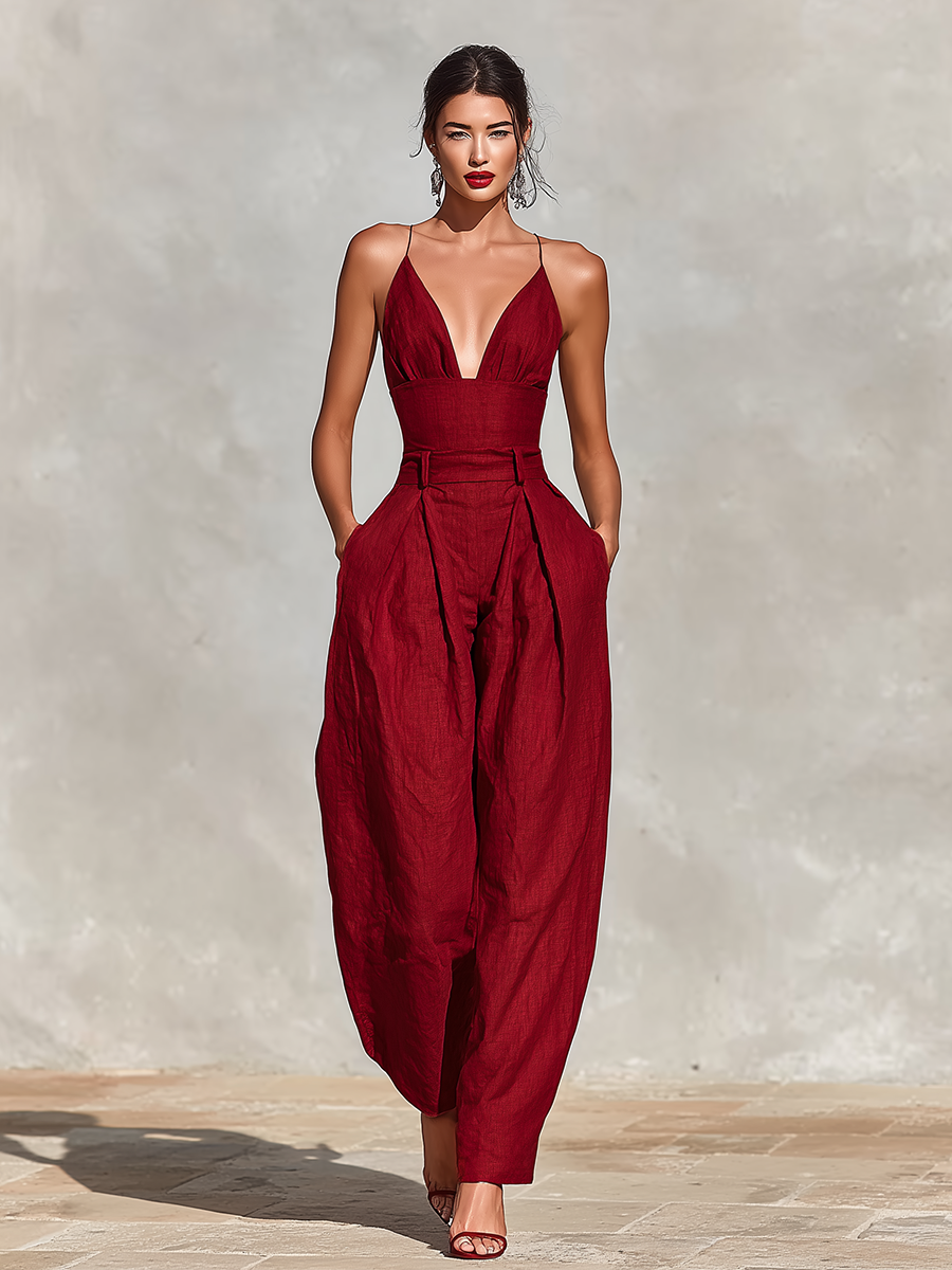 Red Linen Jumpsuit for Women with Spaghetti Straps and High-Waisted Shorts, Timeless Romantic-Elegant Style MDZ1915C8I