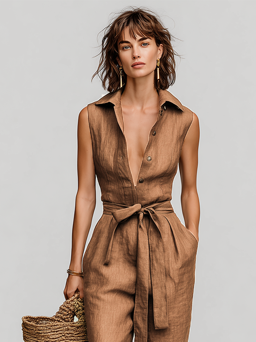 Brown Linen Jumpsuit for Women with Tie Waist and V-Neck Collar, Classic Vacation-Daily Style MDZ0638B5I