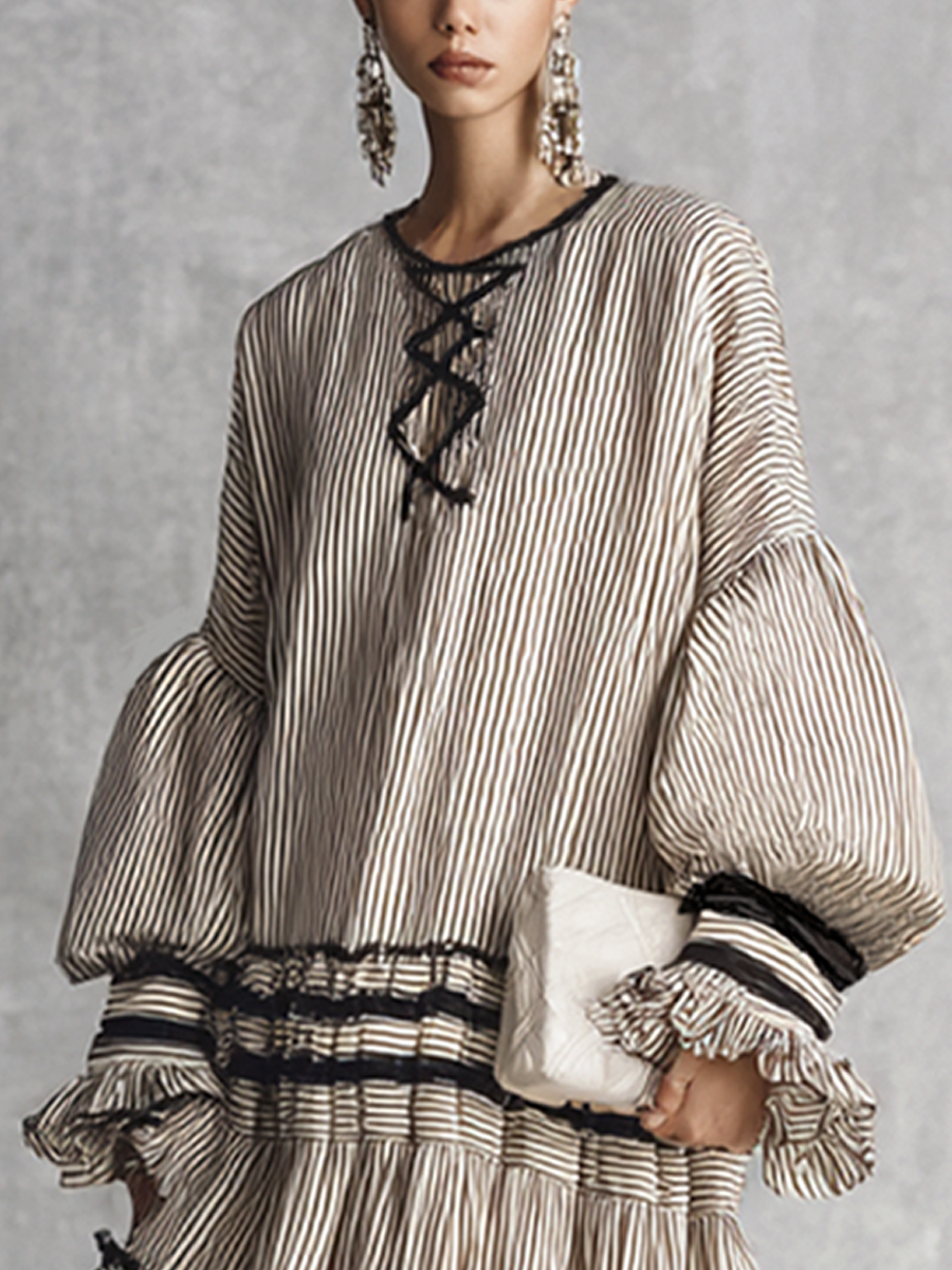 Maxi Dresses for Women with Ruffles and Stripes in Brown and White MDZ1426B2BA