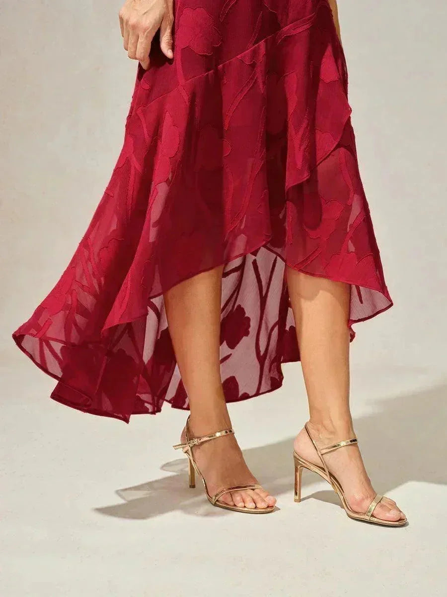 Sleeveless Evening Dresses Made of Floral Chiffon with Asymmetrical Hem