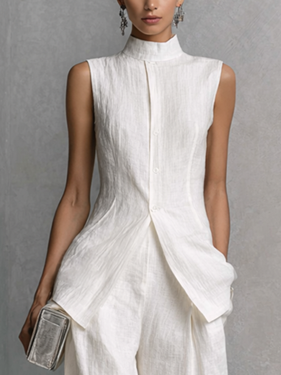 Elegant Sleeveless Top Set in White Cotton and Linen with Wide Pants MDZ0221B1BA