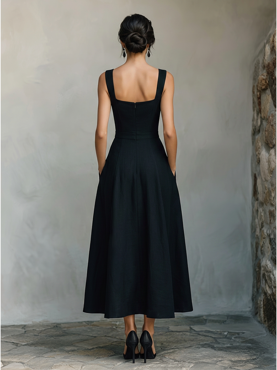Black Maxi Dresses for Women Made of Cotton with a Wide Square Neckline, Thick Straps, and Side Pockets, Elegant Minimalist Swing Dress MDZ2269F2LYL