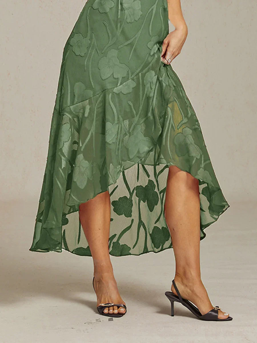 Sleeveless Evening Dress in Floral Chiffon with Asymmetrical Hem