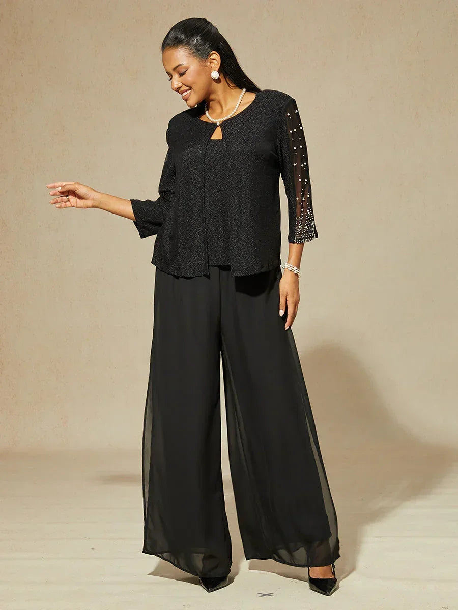 Metallic Textured Shirt with 3/4 Sleeves and Pearls