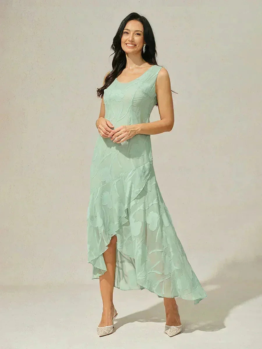 Sleeveless Evening Dresses Made of Floral Chiffon with Asymmetrical Hem