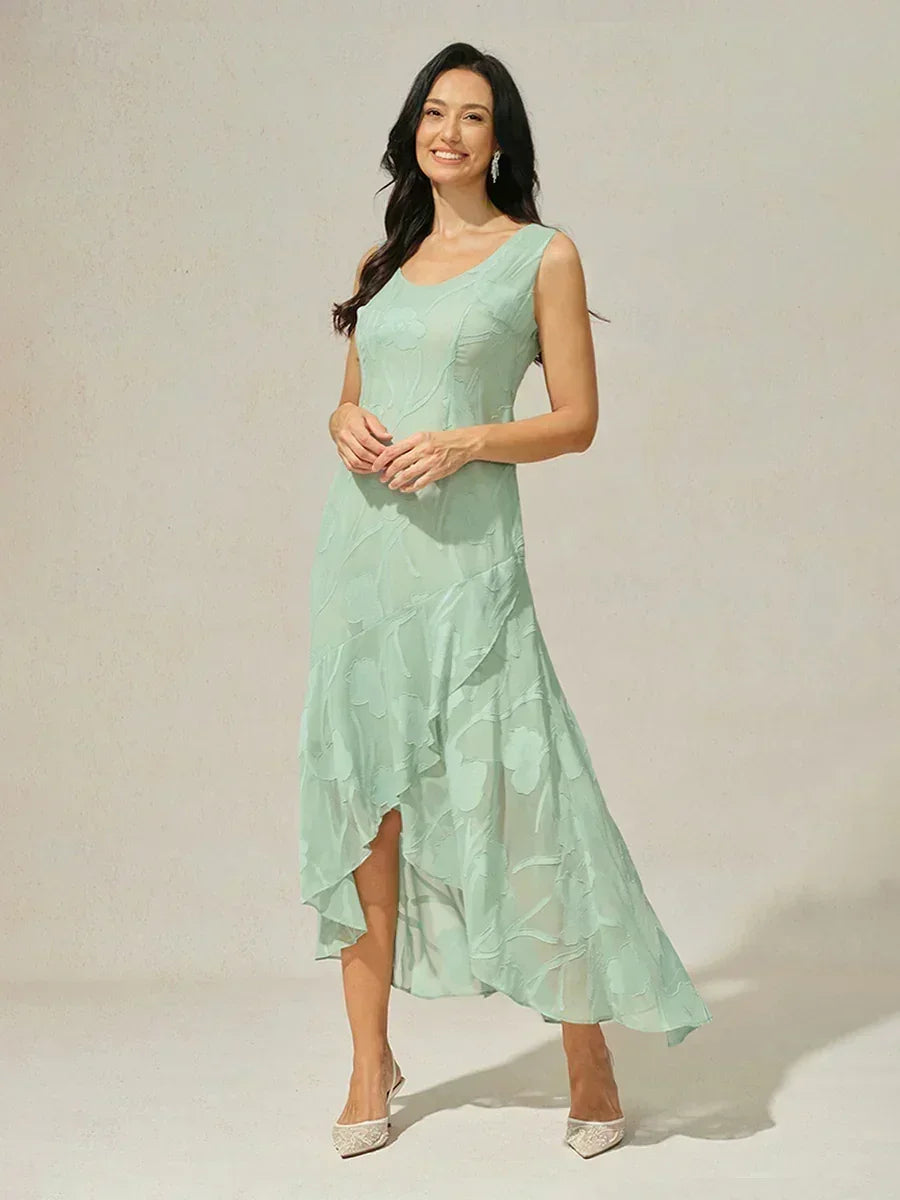 Sleeveless Evening Dresses in Floral Chiffon with Asymmetrical Hem