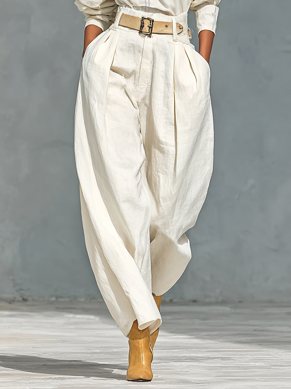 Long Sleeve T-Shirt Set with Round Neck and Wide Pants Made of Cotton and Linen for Women (Belt Not Included) MDA2555G6Y