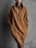Casual Dresses for Women with V-Neck in Printed Suede Leather with Long Sleeves MDA0483K5AN