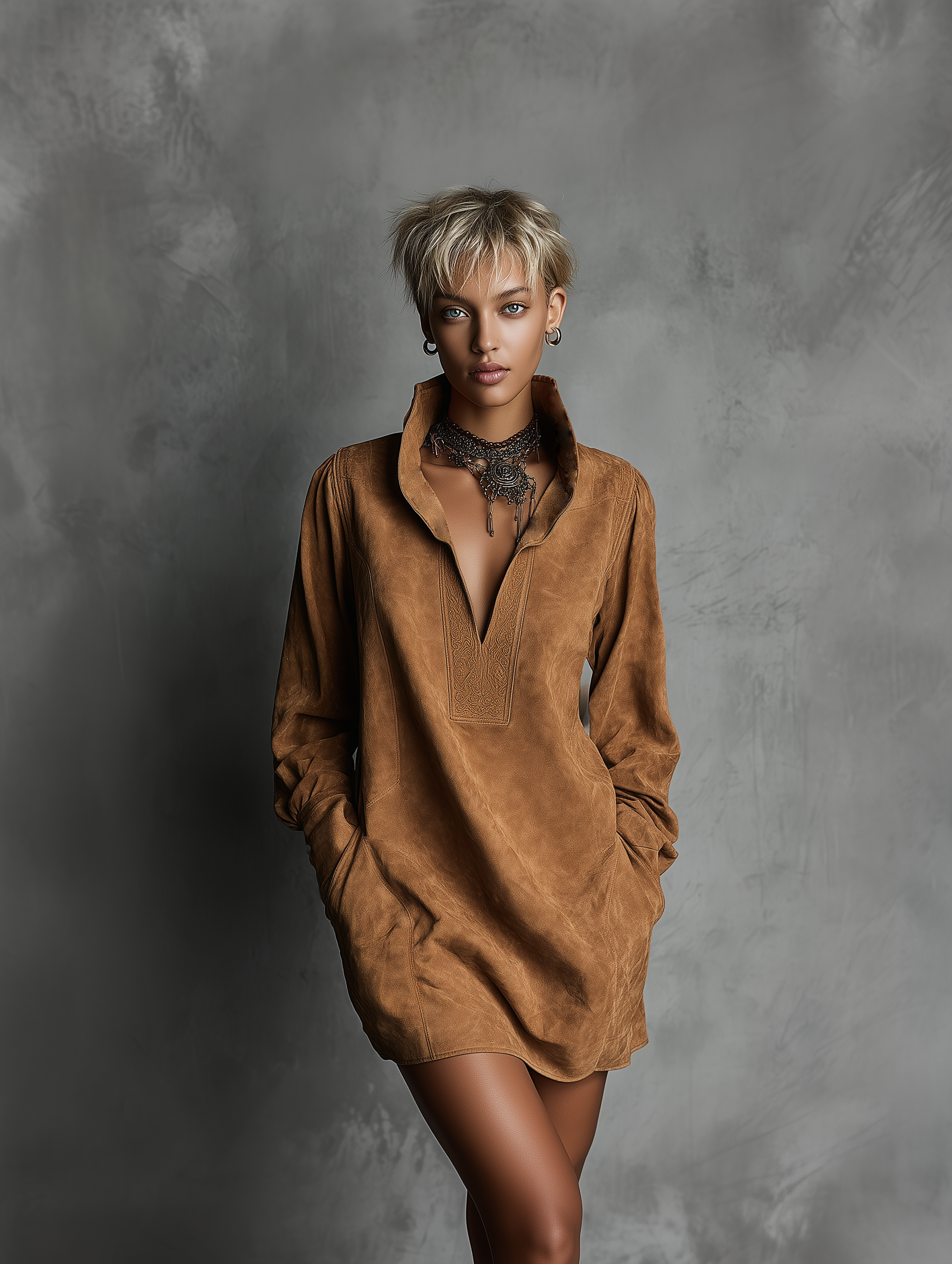 Casual Dresses for Women with V-Neck in Printed Suede Leather with Long Sleeves MDA0483K5AN