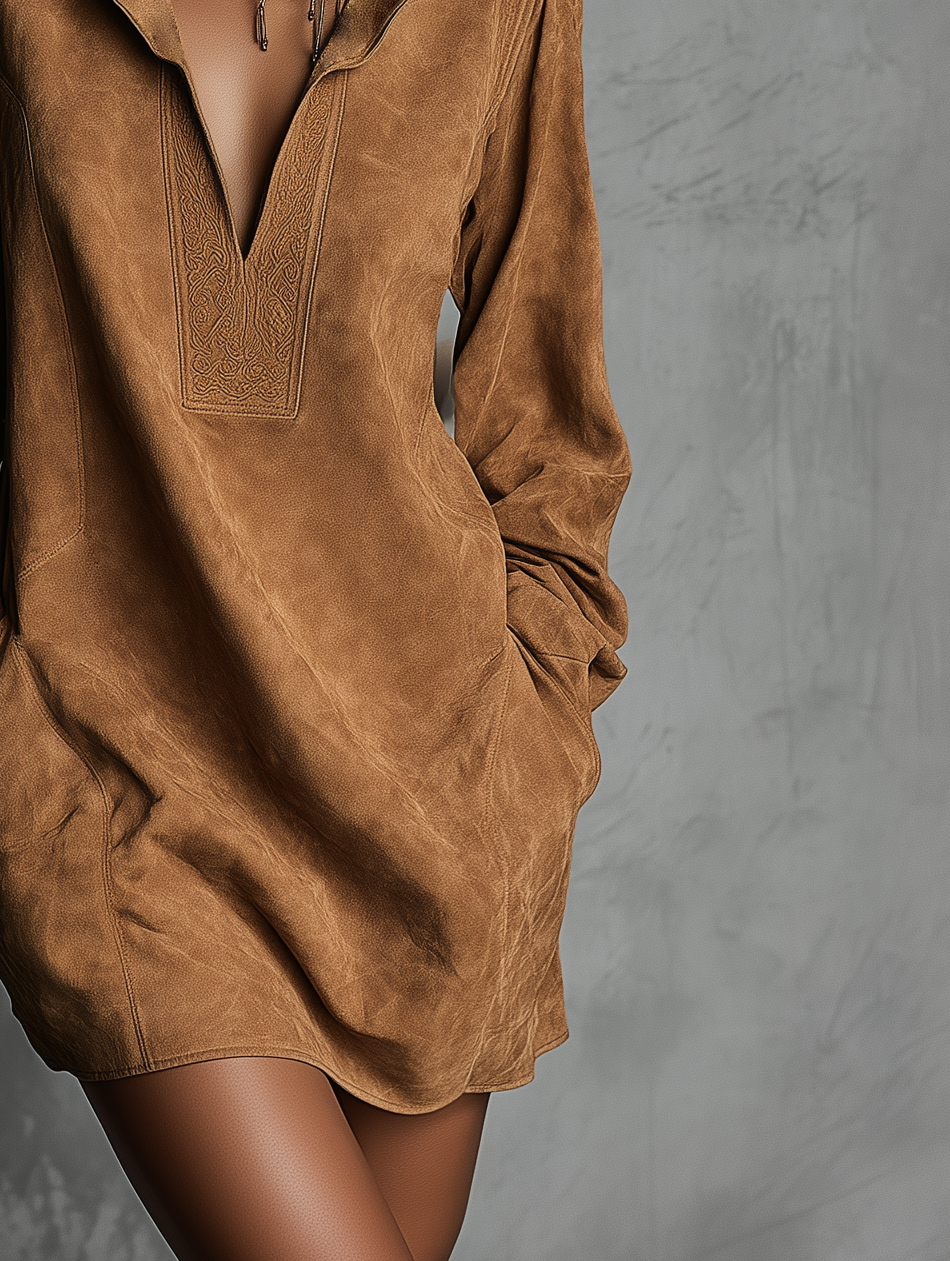 Casual Dresses for Women with V-Neck in Printed Suede Leather with Long Sleeves MDA0483K5AN