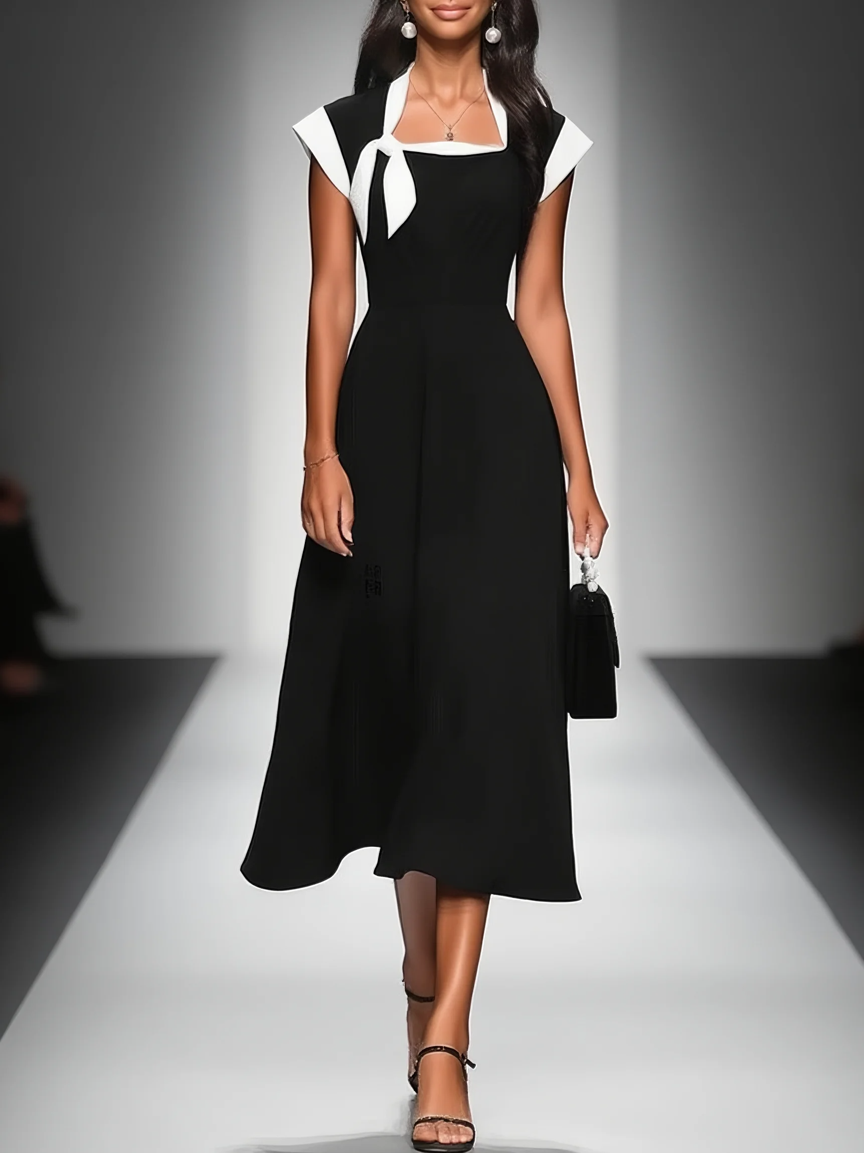 Midi Dress for Women with Square Neckline, Cap Shoulder Sleeves, Varied Colors MDA2447F4Y