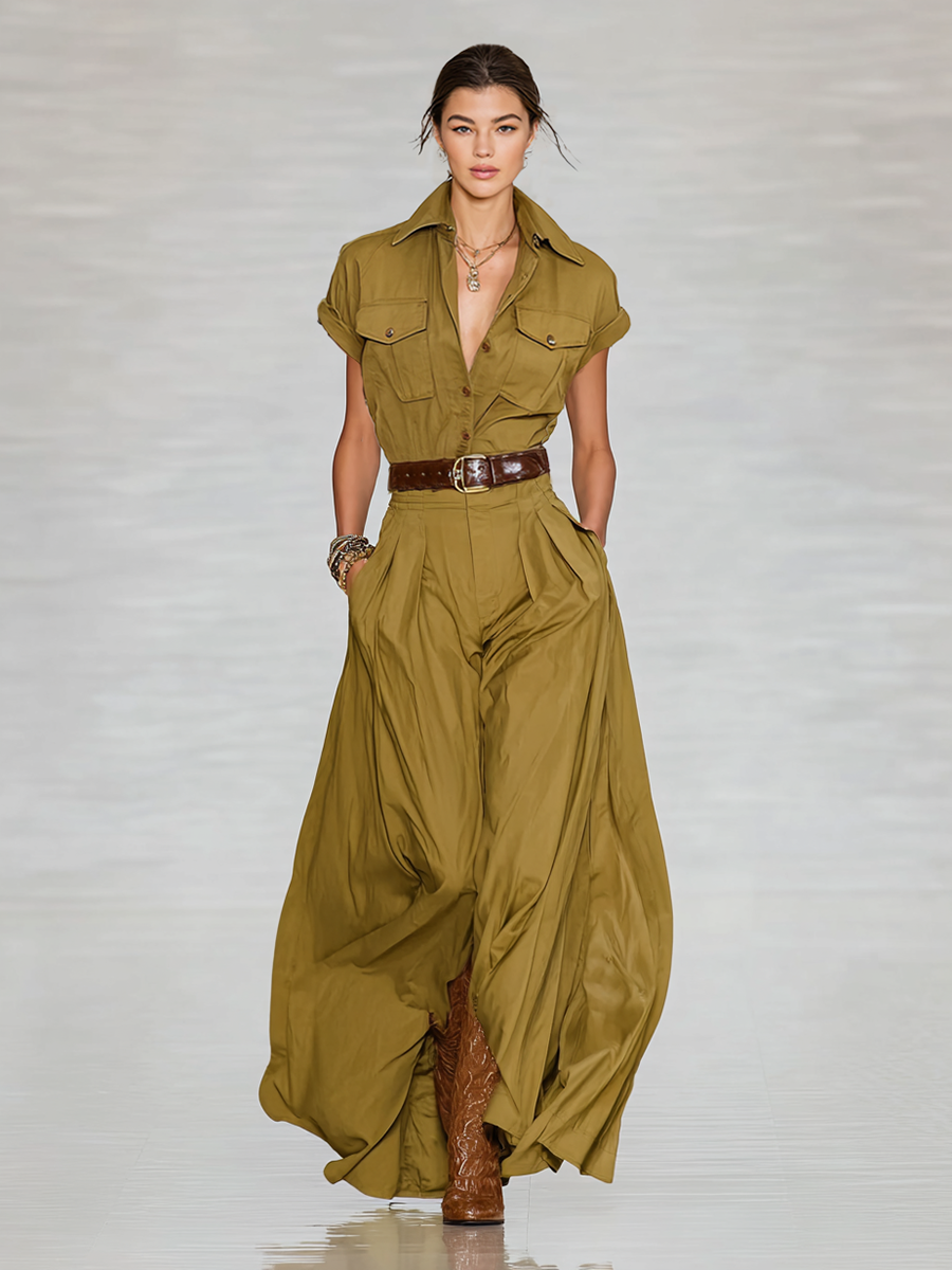 Maxi Dress with Short Sleeve Collar in Mixed Cotton for Women MDA1876G9Y