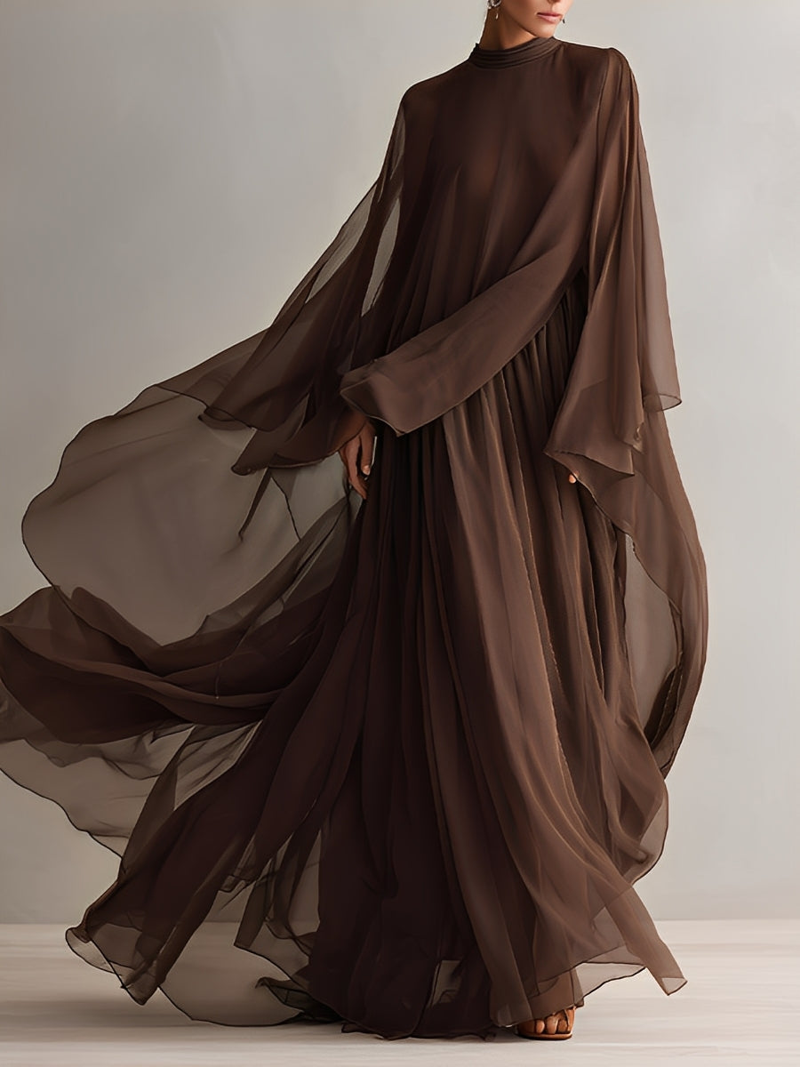 Rich Brown Chiffon Dresses for Women with a Flowing Maxi Silhouette and Scarf-like Design, Modern Elegant-Glitzy Style MDA1967L4I
