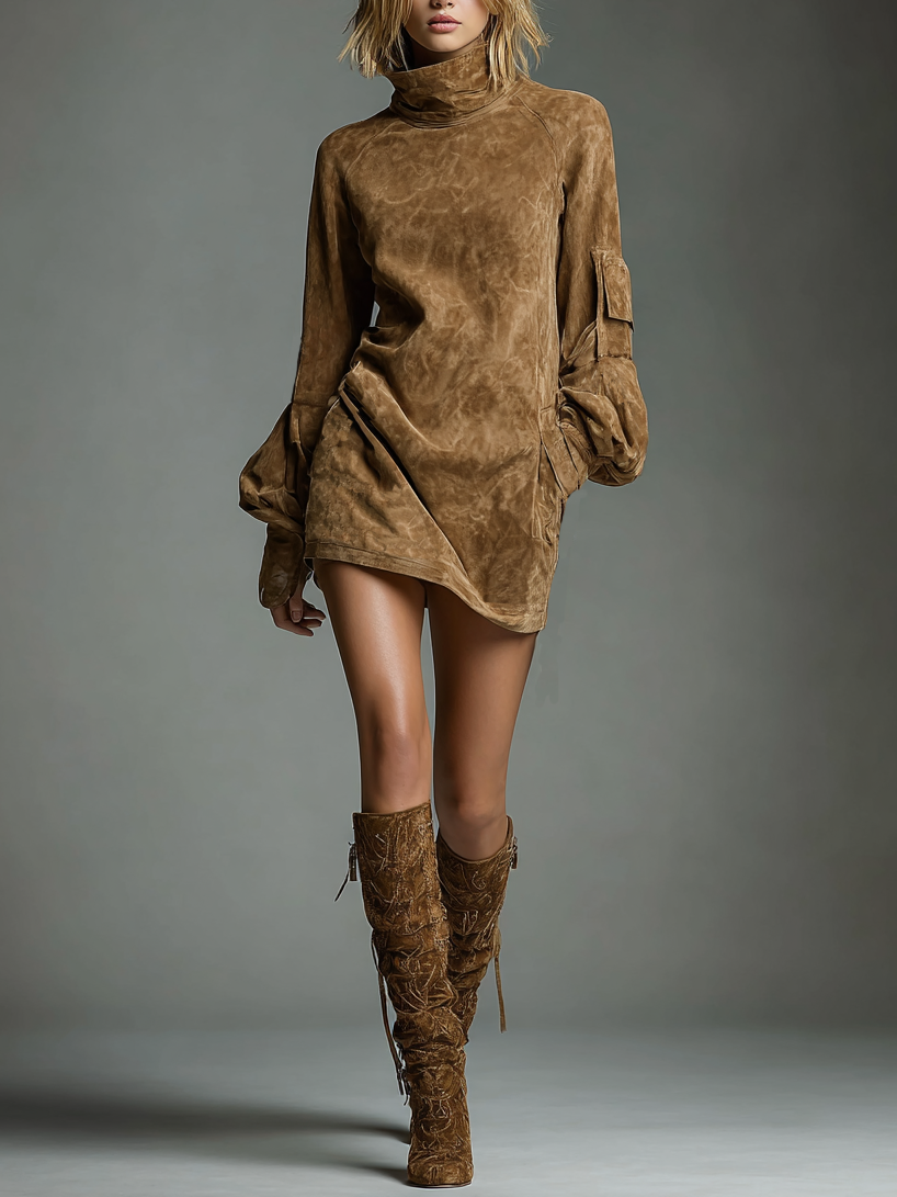 Loose Woven Mini Turtle Neck Dress for Women