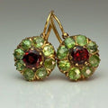 Elegant Round Earrings with Green and Red Crystals