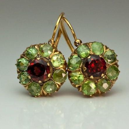 Elegant Round Earrings with Green and Red Crystals