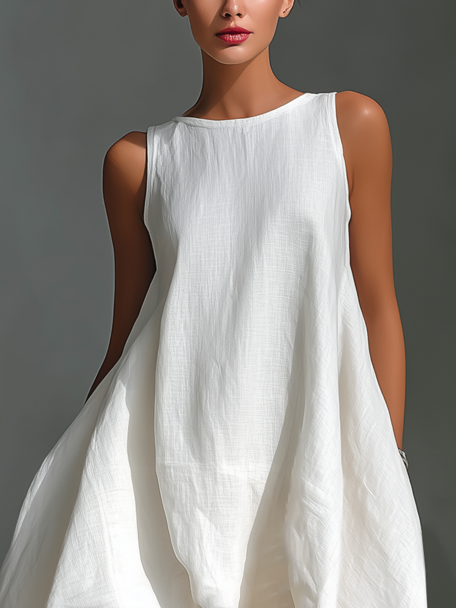 White Linen Sleeveless Midi Dresses for Women with Round Neck and Asymmetrical Skirt MDZ0987B9T