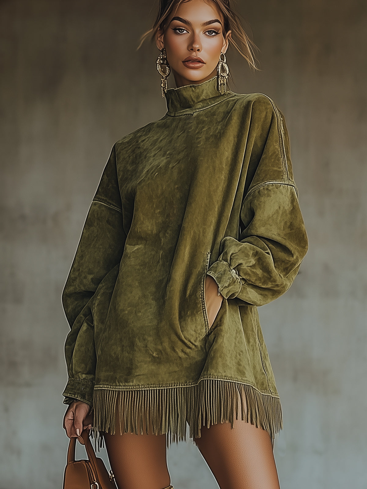 High Neck T-Shirt Dresses - Olive