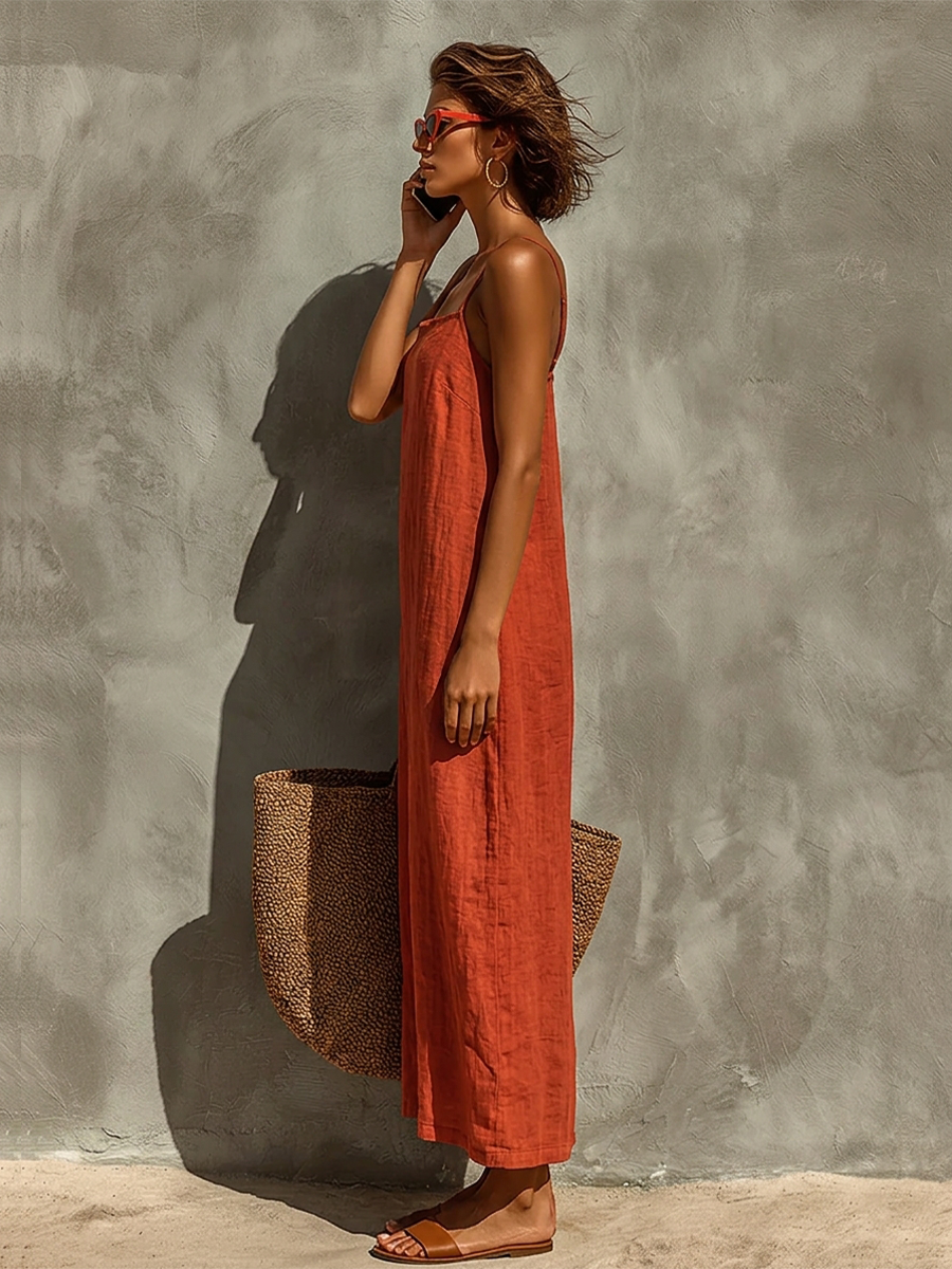 Red Cotton Dress for Women with Spaghetti Straps and Square Neckline, Timeless Boho-Resort Dress MDZ0924C3I