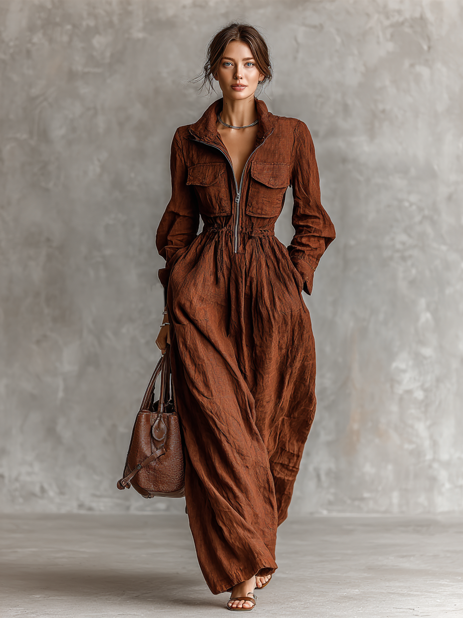 Women's Cotton and Linen Maxi Dresses with Zipper and Elastic Waist MDA1964H8Y