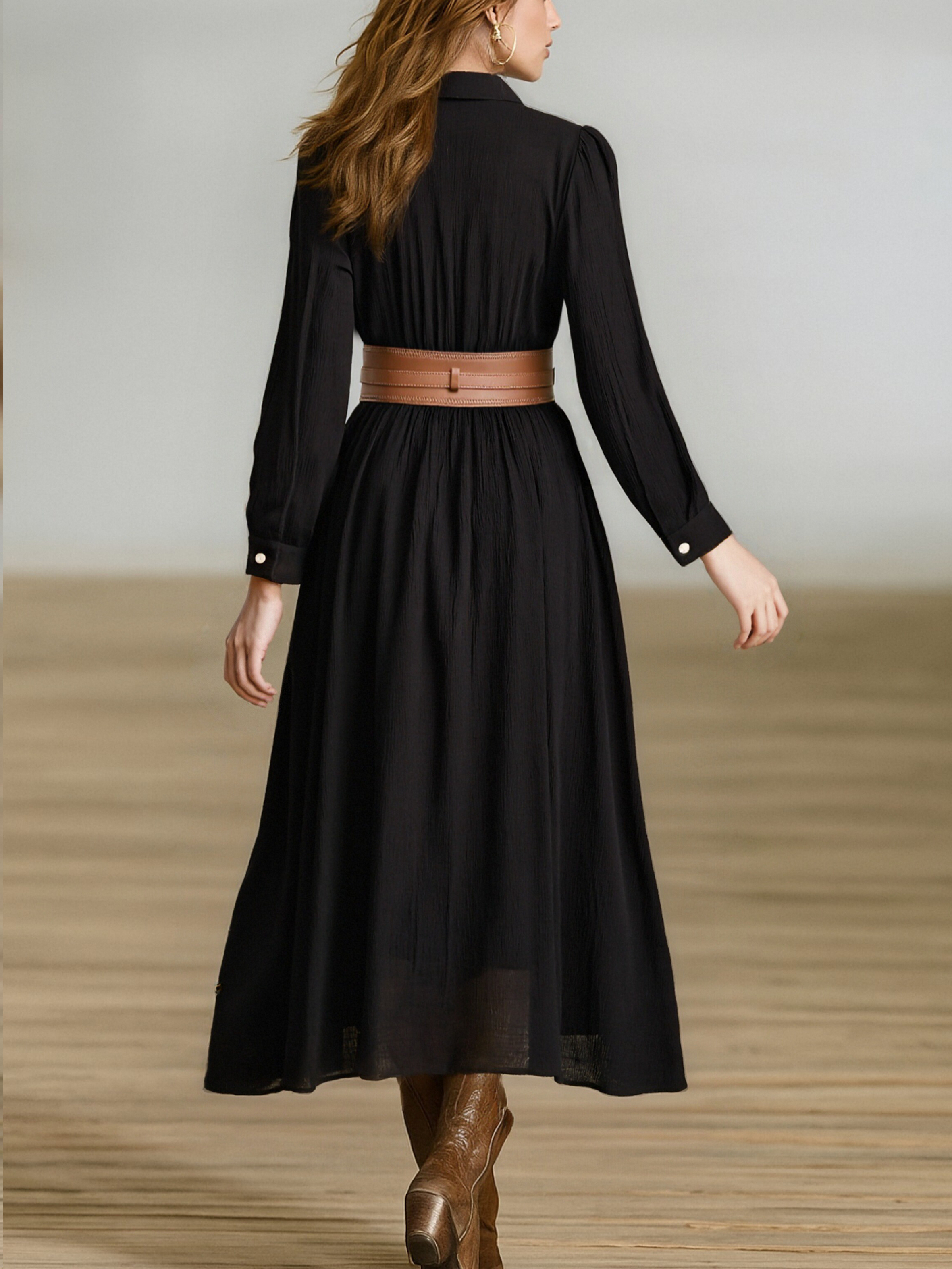 Women's Maxi Dresses in Imitation Cotton and Linen with Pockets and Long Sleeves MDA1768I7Y