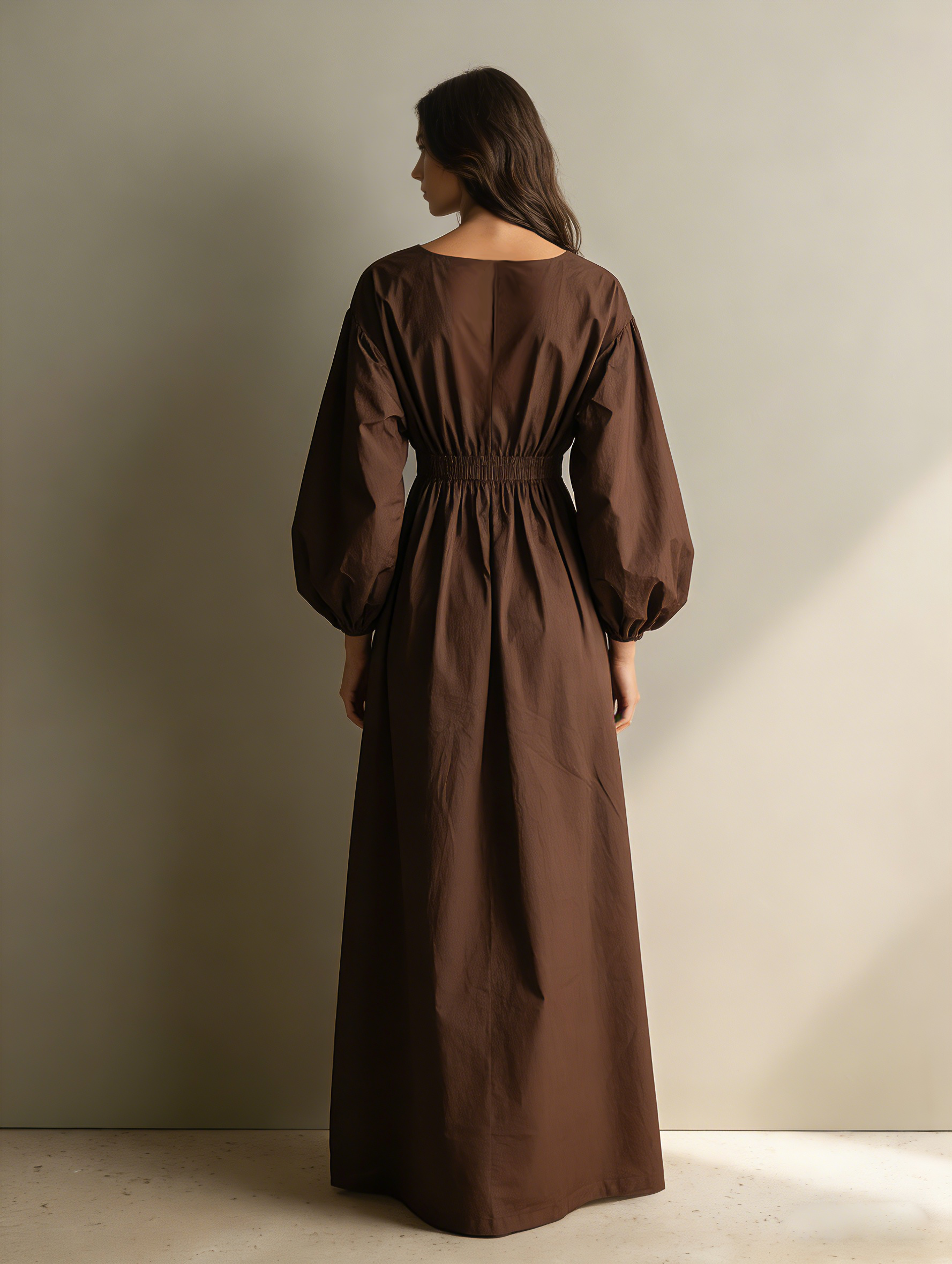 Brown Maxi Dresses for Women Made of Cotton and Linen with V-Neck and Long Sleeves, with Elastic Waist MDZ1295A0AN