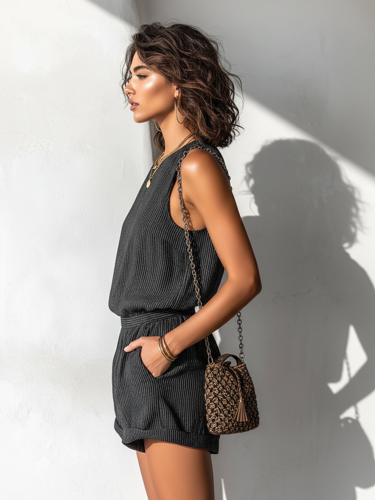 ElevenOra Casual Chic Black Striped Linen Romper