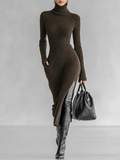 Women's Midi Dress with High Collar, Side Cut, Slim Style, Soft Linen MDA1401J4Y