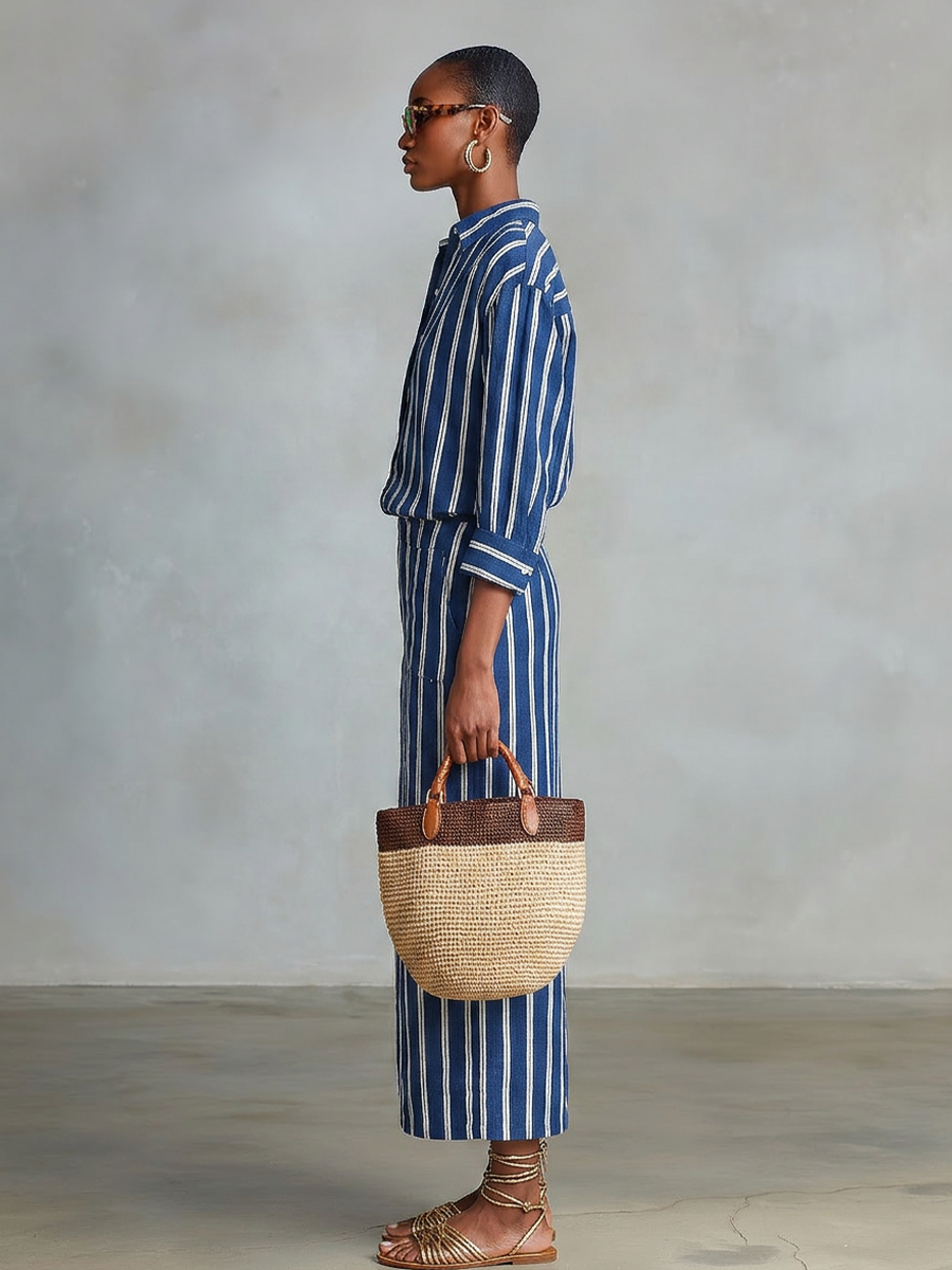 Blue Cotton Set with White Stripes for Women, Button-Up Shirt with Straight Maxi Skirt and Elastic Waist, Casual Summer Outfit