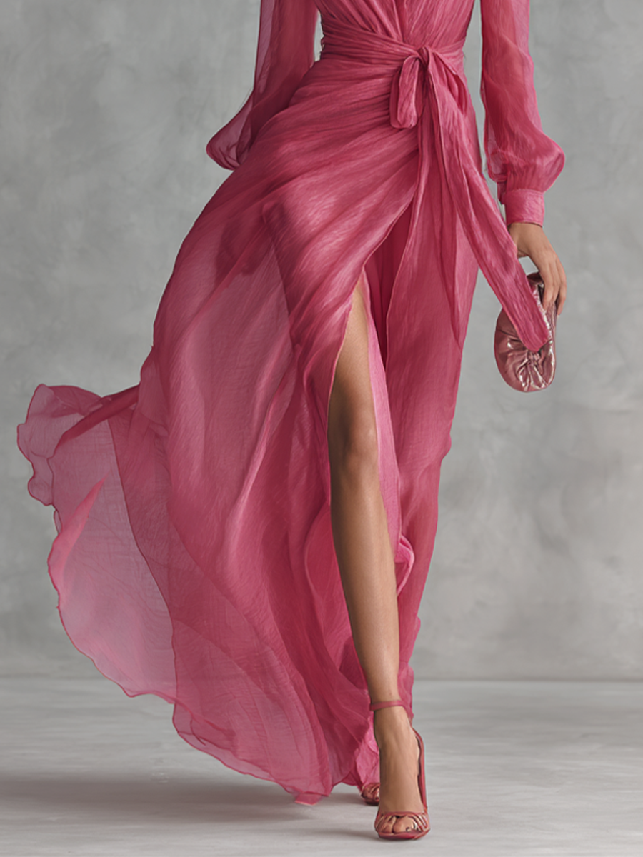 Long Dresses with V-Neck and Waist Strap - Elegant Pearl Pink for Women MDZ1925A7BA